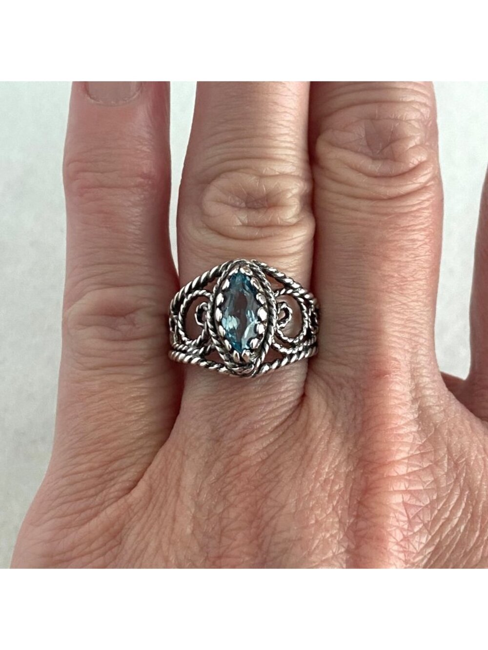 Dakota West Sterling Silver 925 Marquise Blue Topaz Filigree Band Ring Sz 6.75
